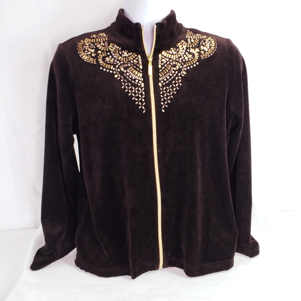 Zenergy Women's Chico NWT Velour Sheen Embellished Zip Jacket sz Medium Brown